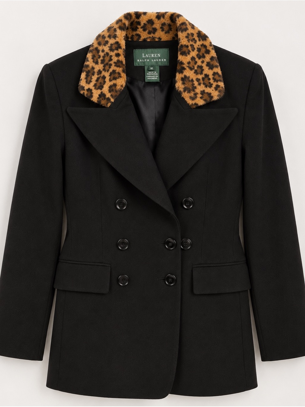 Lauren Ralph Lauren Black Double Breasted Blazer Leopard Faux Fur Collar Size 10